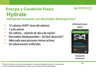 49
Hydrate
Hidratación Avanzada con Electrolitos Biodisponibles*
 15 calorías (H3O® tiene 60 calorías)
 1 g de azúcar
 Sin cafeína – ¡tómelo de día o de noche!
 Electrolitos biodisponibles – de fácil absorción*
 Adecuado para personas menos activas
 Sin edulcorantes artificiales
Energía y Condición Física
¡Hidratación para
todos!
20 paquetes
individuales
*Estas afirmaciones no han sido evaluadas por la Food and Drug Administration. Este producto
no tiene el propósito de diagnosticar, tratar, curar ni prevenir enfermedad alguna.
 