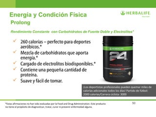 50
Prolong
Rendimiento Constante con Carbohidratos de Fuente Doble y Electrolitos*
 260 calorías – perfecto para deportes
aeróbicos.*
 Mezcla de carbohidratos que aporta
energía.*
 Cargado de electrolitos biodisponibles.*
 Contiene una pequeña cantidad de
proteína.
 Suave y fácil de tomar.
Energía y Condición Física
¡Los deportistas profesionales pueden quemar miles de
calorías adicionales todos los días! Partido de fútbol:
2000 calorías/Carrera ciclista: 3000
*Estas afirmaciones no han sido evaluadas por la Food and Drug Administration. Este producto
no tiene el propósito de diagnosticar, tratar, curar ni prevenir enfermedad alguna.
 