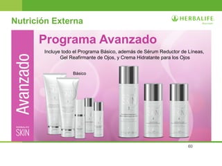 60
Nutrición Externa
Programa Avanzado
Incluye todo el Programa Básico, además de Sérum Reductor de Líneas,
Gel Reafirmante de Ojos, y Crema Hidratante para los Ojos
Básico
 