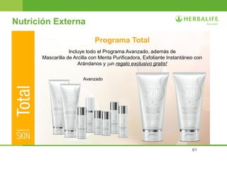 61
Nutrición Externa
Incluye todo el Programa Avanzado, además de
Mascarilla de Arcilla con Menta Purificadora, Exfoliante Instantáneo con
Arándanos y ¡un regalo exclusivo gratis!
Avanzado
Programa Total
 
