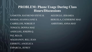 PROBLEM: Phone Usage During Class
Hours/Discussions
GAMOTIN, RAYMUND STEVE H. AGUDULO, JERAMEA
RAMAS, AYANNA JANE S. BERUELA, CATHERINE MAE
CABRILLOS, NORGIE P. AMISTOSO, ANNA MAY
TONGCO, DONNA MAE
ANDULOG, JOSEPH Q.
PAT, REA D.
MAGHANOY, RILL JEAN
ESPIRITU, ANGELICA
ESPARCIA, JEFREY
 