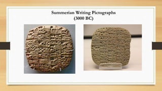 Summerian Writing Pictographs
(3000 BC)
 