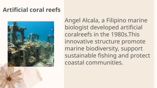 Artificial coral reefs
Angel Alcala, a Filipino marine
biologist developed artificial
coralreefs in the 1980s.This
innovative structure promote
marine biodiversity, support
sustainable fishing and protect
coastal communities.
 