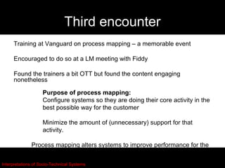 Third encounter
     Training at Vanguard on process mapping – a memorable event

     Encouraged to do so at a LM meeting with Fiddy

     Found the trainers a bit OTT but found the content engaging
     nonetheless

                    Purpose of process mapping:
                    Configure systems so they are doing their core activity in the
                    best possible way for the customer

                    Minimize the amount of (unnecessary) support for that
                    activity.

              Process mapping alters systems to improve performance for the
              customer.
Interpretations of Socio-Technical Systems
 