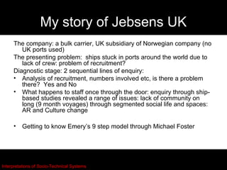 My story of Jebsens UK
     The company: a bulk carrier, UK subsidiary of Norwegian company (no
        UK ports used)
     The presenting problem: ships stuck in ports around the world due to
        lack of crew: problem of recruitment?
     Diagnostic stage: 2 sequential lines of enquiry:
     • Analysis of recruitment, numbers involved etc, is there a problem
        there? Yes and No
     • What happens to staff once through the door: enquiry through ship-
        based studies revealed a range of issues: lack of community on
        long (9 month voyages) through segmented social life and spaces:
        AR and Culture change

     •    Getting to know Emery’s 9 step model through Michael Foster




Interpretations of Socio-Technical Systems
 