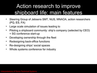 Action research to improve
                shipboard life: main features
     •    Steering Group of Jebsens SMT, NUS, MNAOA, action researchers
          (PQ, ES, FA)
     •    Large scale simulation of issues leading to
     •    Piloting a shipboard community: ship’s company (selected by CEO)
          + SG conference start-up
     •    Developing ownership through the fleet
     •    Redesigning back-office functions
     •    Re-designing ships’ social spaces
     •    Whole systems conference for industry




Interpretations of Socio-Technical Systems
 