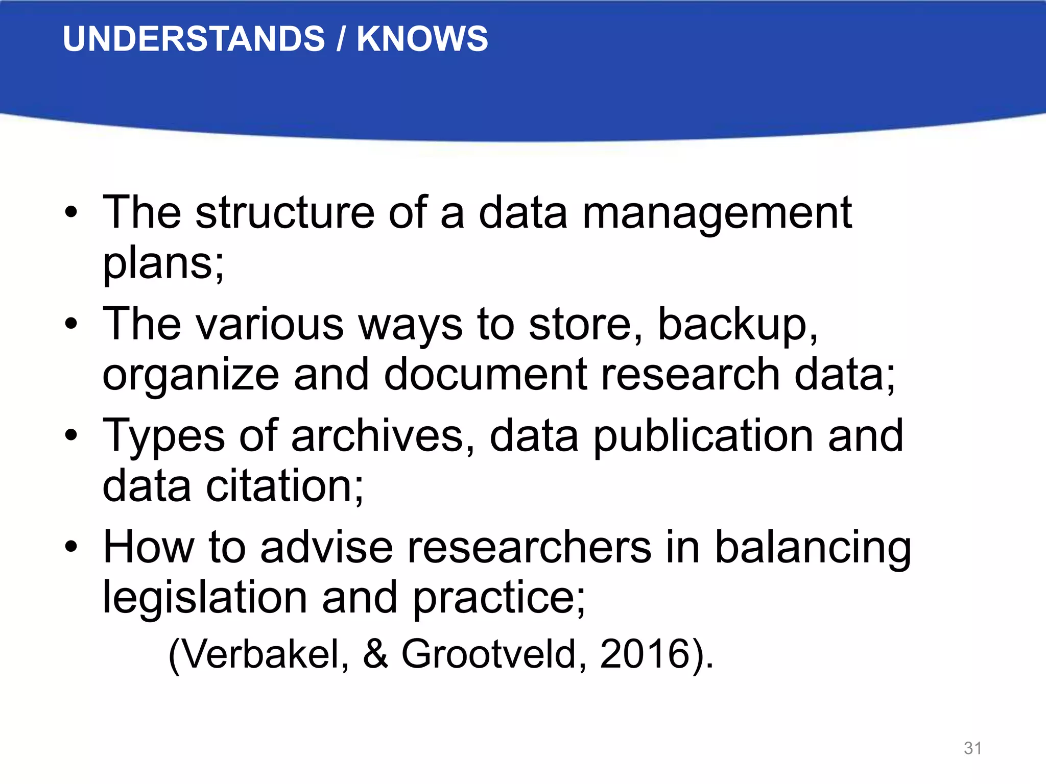 UNDERSTANDS / KNOWS
• The structure of a data management
plans;
• The various ways to store, backup,
organize and document research data;
• Types of archives, data publication and
data citation;
• How to advise researchers in balancing
legislation and practice;
(Verbakel, & Grootveld, 2016).
31
 