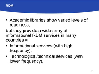 RDM
• Academic libraries show varied levels of
readiness,
but they provide a wide array of
informational RDM services in many
countries =
• Informational services (with high
frequency),
• Technological/technical services (with
lower frequency).
23
 