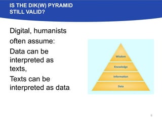 Digital, humanists
often assume:
Data can be
interpreted as
texts,
Texts can be
interpreted as data.
6
IS THE DIK(W) PYRAMID
STILL VALID?
 