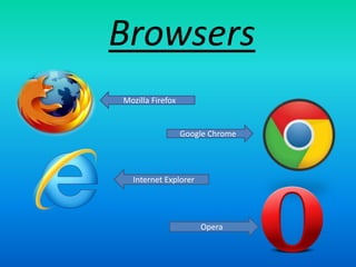 Browsers
Mozilla Firefox
Google Chrome
Internet Explorer
Opera
 