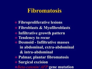 Fibromatosis
 Fibroproliferative lesions
 Desmoid - Infiltrative masses
in abdominal, extra-abdominal
& intra-abdominal
 Fibroblasts & Myofibroblasts
 Palmar, plantar fibromatosis
 Surgical excision
Beta-catenin/ AFP gene mutation
 Infiltrative growth pattern
 Tendency to recur
 