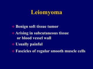 Leiomyoma
 Benign soft tissue tumor
 Arising in subcutaneous tissue
or blood vessel wall
 Usually painful
 Fascicles of regular smooth muscle cells
 