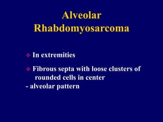 Alveolar
Rhabdomyosarcoma
 In extremities
 Fibrous septa with loose clusters of
rounded cells in center
- alveolar pattern
 