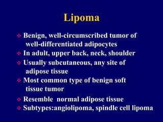 Lipoma
 Benign, well-circumscribed tumor of
well-differentiated adipocytes
 Usually subcutaneous, any site of
adipose tissue
 Most common type of benign soft
tissue tumor
 In adult, upper back, neck, shoulder
 Resemble normal adipose tissue
 Subtypes:angiolipoma, spindle cell lipoma
 