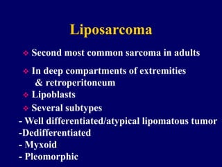 Liposarcoma
 Second most common sarcoma in adults
 In deep compartments of extremities
& retroperitoneum
 Lipoblasts
 Several subtypes
- Well differentiated/atypical lipomatous tumor
-Dedifferentiated
- Myxoid
- Pleomorphic
 