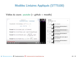 Modèles Linéaires Appliqués (STT5100)
Vidéos du cours: youtube (+ github + moodle)
@freakonometrics freakonometrics freakonometrics.hypotheses.org 10 / 17
 