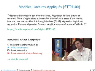 Modèles Linéaires Appliqués (STT5100)
“Méthode d’estimation par moindre carrés, Régression linéaire simple et
multiple, Tests d’hypothèses et intervalles de conﬁance, tests d’ajustement,
introduction aux modèles linéaires généralisés (GLM): régression logistique,
régression Poisson, régression Gamma. Applications numériques à l’aide de R”
https://etudier.uqam.ca/cours?sigle=STT5100
Instructeur: Arthur Charpentier
charpentier.arthur@uqam.ca
@freakonometrics
freakonometrics
freakonometrics.hypotheses.org
→ plan de cours.pdf
@freakonometrics freakonometrics freakonometrics.hypotheses.org 2 / 17
 