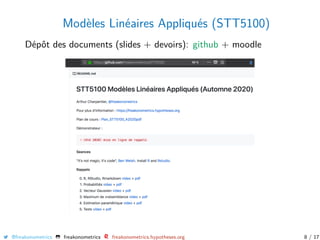 Modèles Linéaires Appliqués (STT5100)
Dépôt des documents (slides + devoirs): github + moodle
@freakonometrics freakonometrics freakonometrics.hypotheses.org 8 / 17
 