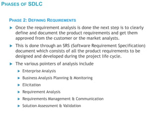 PHASES OF SDLC
 Once the requirement analysis is done the next step is to clearly
define and document the product requirements and get them
approved from the customer or the market analysts.
 This is done through an SRS (Software Requirement Specification)
document which consists of all the product requirements to be
designed and developed during the project life cycle.
 The various pointers of analysis include
 Enterprise Analysis
 Business Analysis Planning & Monitoring
 Elicitation
 Requirement Analysis
 Requirements Management & Communication
 Solution Assessment & Validation
PHASE 2: DEFINING REQUIREMENTS
 