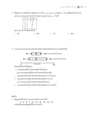 ข้ อสอบสถิติเบืองต้ น (เลขง่าย)   19


  . มีข้อมูล 5 จํานวนซึงเรี ยงจากน้ อยไปหามาก คือ , , ,          ,    โดยมี      = 7 ค่าเฉลียเลขคณิตเท่ากับ
    และความแปรปรวนเท่ากับ 16 ถ้ ากําหนดตารางแสดงค่าของ           −    ดังนี
                               −
                    1        7−
                    2         −3
                    3         −1
                    4         3
                    5         6
    แล้ ว ค่าของ เท่ากับข้ อใดต่อไปนี
     . 10                          .    10.5               .     12                          .   12.5




  . จากแผนภาพกล่องของคะแนนสอบวิชาคณิตศาสตร์ ของนักเรียนจําแนกตามเพศเป็ นดังนี

                                                    คะแนนสอบของนักเรี ยนหญิง

                                                               คะแนนสอบของนักเรี ยนชาย


             0                     คะแนนสอบ                     100
    ข้ อสรุปในข้ อใดต่อไปนีถูกต้ อง
       . คะแนนสอบเฉลียวิชาคณิตศาสตร์ ของนักเรี ยนชาย
         สูงกว่าคะแนนสอบเฉลียวิชาคณิตศาสตร์ ของนักเรี ยนหญิง
       . คะแนนสอบวิชาคณิตศาสตร์ ของนักเรี ยนชายมีการกระจายเบ้ ขวา
       . คะแนนสอบวิชาคณิตศาสตร์ ของนักเรี ยนหญิงมีการกระจาย
         มากกว่าคะแนนสอบวิชาคณิตศาสตร์ ของนักเรี ยนชาย
       . คะแนนสอบวิชาคณิตศาสตร์ ของนักเรี ยนหญิงมีการกระจายเบ้ ขวา




ตอนที
 . ข้ อมูลชุดหนึงมี 10 จํานวนประกอบด้ วยจํานวนต่อไปนี
             4, 8, 8, 9, 14, 15, 18, 18, 22, 25
    ควอไทล์ทีสามของข้ อมูลชุดนีมีคาเท่ากับเท่าใด
                                  ่
 