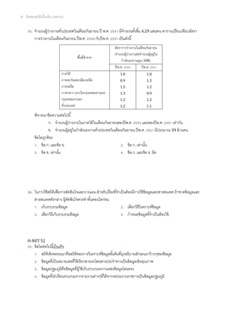6   ข้ อสอบสถิติเบืองต้ น (เลขง่าย)


        . จํานวนผู้วางงานทัวประเทศในเดือนกันยายน ปี พ.ศ.
                    ่                                                มีจํานวนทังสิน 4.29 แสนคน ตารางเปรี ยบเทียบอัตรา
          การว่างงานในเดือนกันยายน ปี พ.ศ.     กับปี พ.ศ.            เป็ นดังนี
                                                                  อัตราการว่างงานในเดือนกันยายน
                                                                  (จํานวนผู้วางงานต่อจํานวนผู้อยูใน
                                                                               ่                ่
                                           พืนทีสํารวจ
                                                                         กําลังแรงงานคูณ 100)
                                                                   ปี พ.ศ.              ปี พ.ศ.
                                 ภาคใต้                               1.0                 1.0
                                 ภาคตะวันออกเฉียงเหนือ                0.9                 1.3
                                 ภาคเหนือ                             1.5                 1.2
                                 ภาคกลาง (ยกเว้ นกรุงเทพมหานคร)       1.3                 0.9
                                 กรุงเทพมหานคร                        1.2                 1.2
                                 ทัวประเทศ                            1.2                 1.1

          พิจารณาข้ อความต่อไปนี
                     ก. จํานวนผู้วางงานในภาคใต้ ในเดือนกันยายนของปี พ.ศ.
                                  ่                                             และของปี พ.ศ.      เท่ากัน
                     ข. จํานวนผู้อยูในกําลังแรงงานทัวประเทศในเดือนกันยายน ปี พ.ศ.
                                    ่                                                    มีประมาณ 39 ล้ านคน
          ข้ อใดถูกต้ อง
             . ข้ อ ก. และข้ อ ข.                                 . ข้ อ ก. เท่านัน
             . ข้ อ ข. เท่านัน                                    . ข้ อ ก. และข้ อ ข. ผิด




        . ในการใช้ สถิติเพือการตัดสินใจและวางแผน สําหรับเรื องทีจําเป็ นต้ องมีการใช้ ข้อมูลและสารสนเทศ ถ้ าขาดข้ อมูลและ
          สารสนเทศดังกล่าว ผู้ตดสินใจควรทําขันตอนใดก่อน
                                 ั
           . เก็บรวบรวมข้ อมูล                                       . เลือกวิธีวิเคราะห์ข้อมูล
           . เลือกวิธีเก็บรวบรวมข้ อมูล                              . กําหนดข้ อมูลทีจําเป็ นต้ องใช้



     O-NET 52
        . ข้ อใดต่อไปนีเป็ นเท็จ
             . สถิติเชิงพรรณนาคือสถิติของการวิเคราะห์ข้อมูลขันต้ นทีมุงอธิบายลักษณะกว้ างๆของข้ อมูล
                                                                         ่
             . ข้ อมูลทีเป็ นหมายเลขทีใช้ เรียกสายรถโดยสารประจําทางเป็ นข้ อมูลเชิงคุณภาพ
             . ข้ อมูลปฐมภูมิคือข้ อมูลทีผู้ใช้ เก็บรวบรวมจากแหล่งข้ อมูลโดยตรง
             . ข้ อมูลทีนักเรี ยนรวบรวมจากรายงานต่างๆทีได้ จากหน่วยงานราชการเป็ นข้ อมูลปฐมภูมิ
 