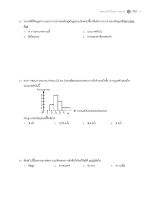 ข้ อสอบสถิติเบืองต้ น (เลขง่าย)   9


. ในกรณีทีมีข้อมูลจํานวนมาก การนําเสนอข้ อมูลในรูปแบบใดต่อไปนีทําให้ เห็นการกระจายของข้ อมูลได้ ชดเจนน้ อย
                                                                                                 ั
  ทีสุด
   . ตารางแจกแจงความถี                                  . แผนภาพต้ นใบ
   . ฮิสโทแกรม                                          . การแสดงค่าสังเกตทุกค่า




. จากการสอบถามเยาวชนจํานวน 12 คน ว่าเคยฟั งพระธรรมเทศนามาแล้ วจํานวนกีครัง ปรากฏผลดังแสดงใน
  แผนภาพต่อไปนี
               จํานวนเยาวชน
                  5
                  4
                  3
                  2
                  1
                                                     จํานวนครังทีเคยฟั งพระธรรมเทศนา
                   0    1     2   3 4 5     6
 มัธยฐานของข้ อมูลชุดนีคือข้ อใด
  . 3 ครัง                       .   3.25 ครัง              .   3.5 ครัง                   .   4 ครัง




. ข้ อต่อไปนีมีผลกระทบต่อความถูกต้ องของการตัดสินใจโดยใช้ สถิติ ยกเว้ นข้ อใด
     . ข้ อมูล                 . สารสนเทศ                 . ข่าวสาร                        . ความเชือ
 