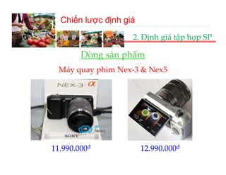 Chiến lược định giá
III‐A. Chiến lược định giá 
                    2. Định giá tập hợp SP

        Dòng sản phẩm
        Dòng sản phẩm
  Máy quay phim Nex‐3 & Nex5




11.990.000đ             12.990.000đ
 