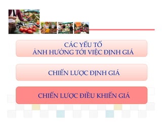 CÁC YẾU TỐ 
ẢNH HƯỞNG TỚI VIỆC ĐỊNH GIÁ
                Ệ   Ị


    CHIẾN LƯỢC ĐỊNH GIÁ
       Ế   Ư          Á


 CHIẾN LƯỢC ĐIỀU KHIỂN GIÁ
 