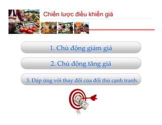 Chiến lược điều khiển giá




         1. Chủ động giảm giá

          2. Chủ động tăng giá

3. Đáp ứng với thay đổi của đối thủ cạnh tranh.
 