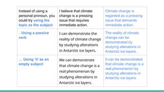Instead of using a
personal pronoun, you
could try using the
topic as the subject
I believe that climate
change is a pressing
issue that requires
immediate action.
Climate change is
regarded as a pressing
issue that demands
immediate action.
.. Using a passive
verb
I can demonstrate the
reality of climate change
by studying alterations
in Antarctic ice layers.
The reality of climate
change can be
demonstrated by
studying alterations in
Antarctic ice layers.
… Using ‘it’ as an
empty subject
We can demonstrate
that climate change is a
real phenomenon by
studying alterations in
Antarctic ice layers.
It can be demonstrated
that climate change is a
real phenomenon by
studying alterations in
Antarctic ice layers.
 