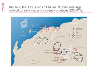 Rio Tinto Iron Ore: Owns 14 Mines, 3 ports and large
network of railways; and currently produces 220 MT/yr
 