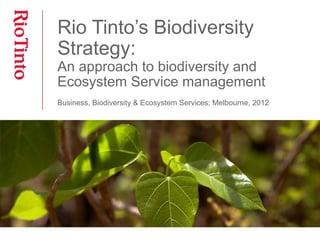 Rio Tinto’s Biodiversity
Strategy:
An approach to biodiversity and
Ecosystem Service management
Business, Biodiversity & Ecosystem Services; Melbourne, 2012
 