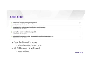 node-http2
▪  hard to determine state
›  Which frame can be sent when
▪  all fields must be validated
›  value and size
 