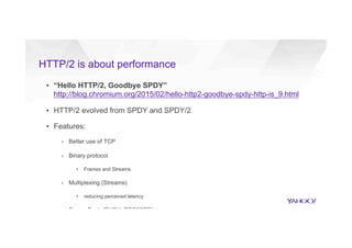 ▪  “Hello HTTP/2, Goodbye SPDY”
http://blog.chromium.org/2015/02/hello-http2-goodbye-spdy-http-is_9.html
▪  HTTP/2 evolved from SPDY and SPDY/2
▪  Features:
›  Better use of TCP
›  Binary protocol
•  Frames and Streams
›  Multiplexing (Streams)
•  reducing perceived latency
›  Server Push (PUSH_PROMISE)
›  Compression (HPACK)
›  Frames
HTTP/2 is about performance
 