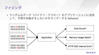 ファジング
▪  ランダムなデータ（バイナリ・アスキー）をアプリケーションに送信
して、予期せぬ動きをしないかをモニターする behavior
 
