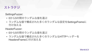 ストラテジ
SettingsFuzzer:
▪  0から5の間のランダムな値を選ぶ
▪  ランダムな値で構成された多くのランダムな設定をSettingsFrameに
付け加える
HeaderFuzzer:
▪  0から5の間のランダムな値を選ぶ
▪  ランダムな値で構成された多くのランダムなHTTPヘッダーを
HeadersFrameに付け加える
 