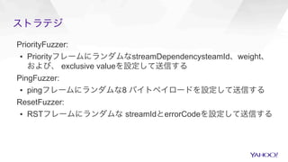 ストラテジ
PriorityFuzzer:
▪  PriorityフレームにランダムなstreamDependencysteamId、weight、
および、 exclusive valueを設定して送信する
PingFuzzer:
▪  pingフレームにランダムな8 バイトペイロードを設定して送信する
ResetFuzzer:
▪  RSTフレームにランダムな streamIdとerrorCodeを設定して送信する
 