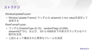 ストラテジ
WindowUpdateFuzzer:
▪  Window Update Frameにランダムな streamId とincr valueを設定して
送信する
RawFrameFuzzer:
▪  ランダムなframeType (0-12)、randomFlags (0-256)、
streamId(2**31)、および、 0から10000までの長さのランダムなバイ
配列を生成
▪  上記によって構成された異常なフレームを送信
 