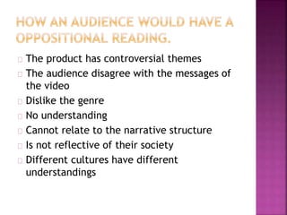 The product has controversial themes 
The audience disagree with the messages of 
the video 
Dislike the genre 
No understanding 
Cannot relate to the narrative structure 
Is not reflective of their society 
Different cultures have different 
understandings 
