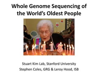 Whole Genome Sequencing of
 the World’s Oldest People




    Stuart Kim Lab, Stanford University
  Stephen Coles, GRG & Leroy Hood, ISB
 