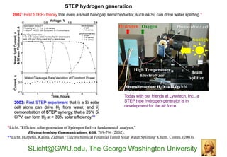 STEP hydrogen generation
   2002: First STEP- theory that even a small bandgap semiconductor, such as Si, can drive water splitting.*

                                                                Hydrogen Oxygen                   Photovoltaic cell

                                                                                                            Sunligh
                                                                                                            t




                                                                         High Temperature
                                                                                                           Beam
                                                                            Electrolyzer
                                                                                                          splitter
                                                                                        hn
                                                                     Overall reaction: H2O  H2(g) + ½
                                                                     O2(g)
                                                                    Today with our friends at Lynntech, Inc., a
    2003: First STEP-experiment that i) a Si solar                  STEP type hydrogen generator is in
    cell alone can drive H2 from water, and ii)                     development for the air force.
    demonstration of STEP synergy: that a 26% Si
    CPV, can form H2 at > 30% solar efficiency.**

*Licht, "Efficient solar generation of hydrogen fuel - a fundamental analysis,"
             Electrochemistry Communications, 4/10, 789-794 (2002).
**Licht, Halperin, Kalina, Zidman "Electrochemical Potential Tuned Solar Water Splitting" Chem. Comm. (2003).


            SLicht@GWU.edu, The George Washington University
 