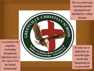 This was a private prep
                        school that motivated
                         and prepared each
                       individual for a college
                              education




I was involved with
     competitive
                         My senior year of
    cheerleading
                          highschool, our
   throughout my
                         Greenville Eagles
highschool career –
                           won the State
 led a team of 12 to
                         Championship for
     the National
                         six man football!
   Championship!
 