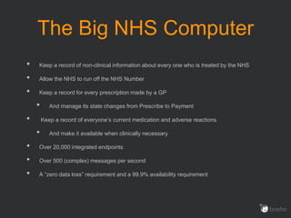 The Big NHS Computer
• Keep a record of non-clinical information about every one who is treated by the NHS
• Allow the NHS to run off the NHS Number
• Keep a record for every prescription made by a GP
• And manage its state changes from Prescribe to Payment
• Keep a record of everyone’s current medication and adverse reactions
• And make it available when clinically necessary
• Over 20,000 integrated endpoints
• Over 500 (complex) messages per second
• A “zero data loss” requirement and a 99.9% availability requirement
 