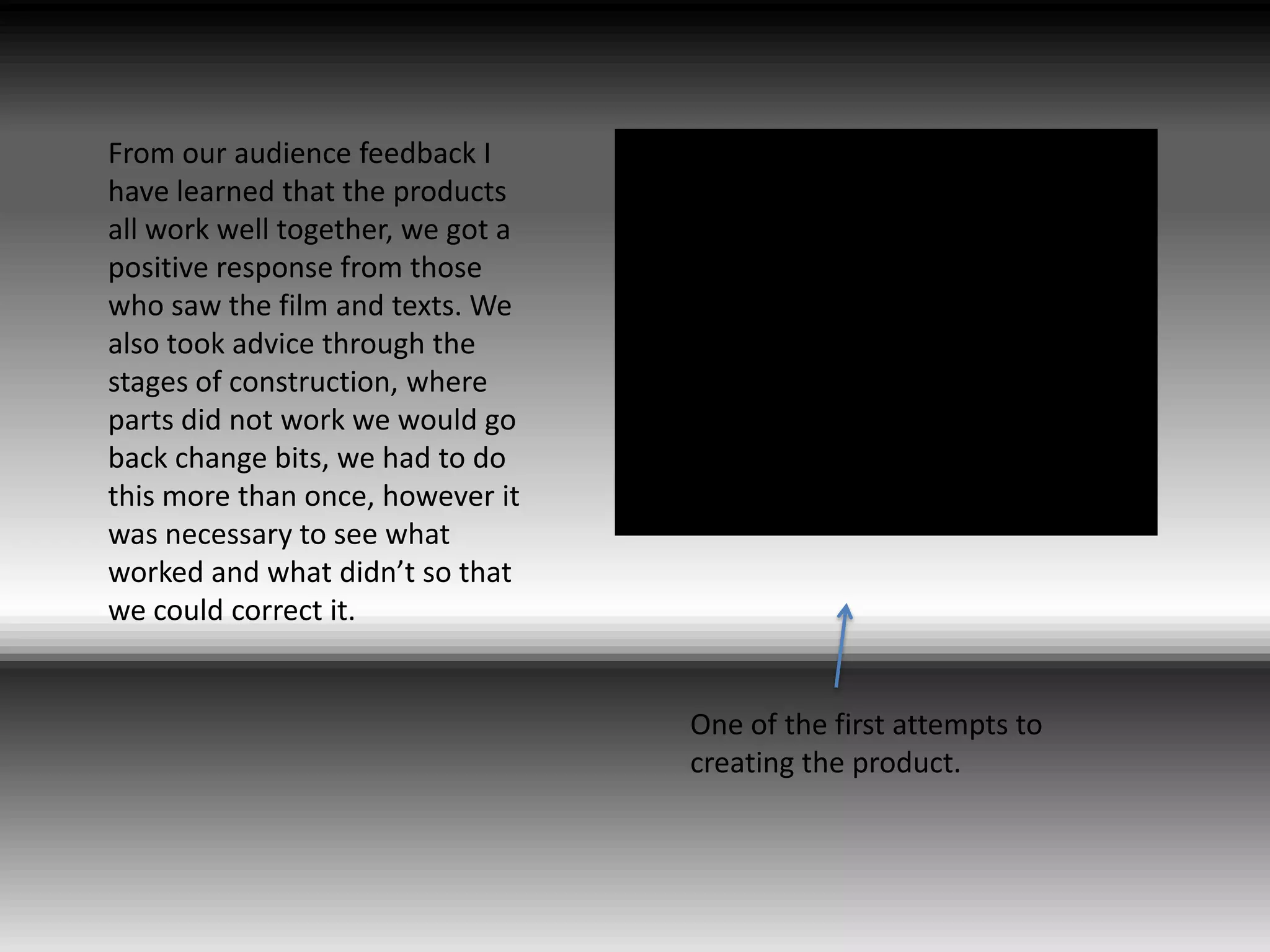 From our audience feedback I have learned that the products all work well together, we got a positive response from those who saw the film and texts. We also took advice through the stages of construction, where parts did not work we would go back change bits, we had to do this more than once, however it was necessary to see what worked and what didn’t so that we could correct it. One of the first attempts to creating the product.