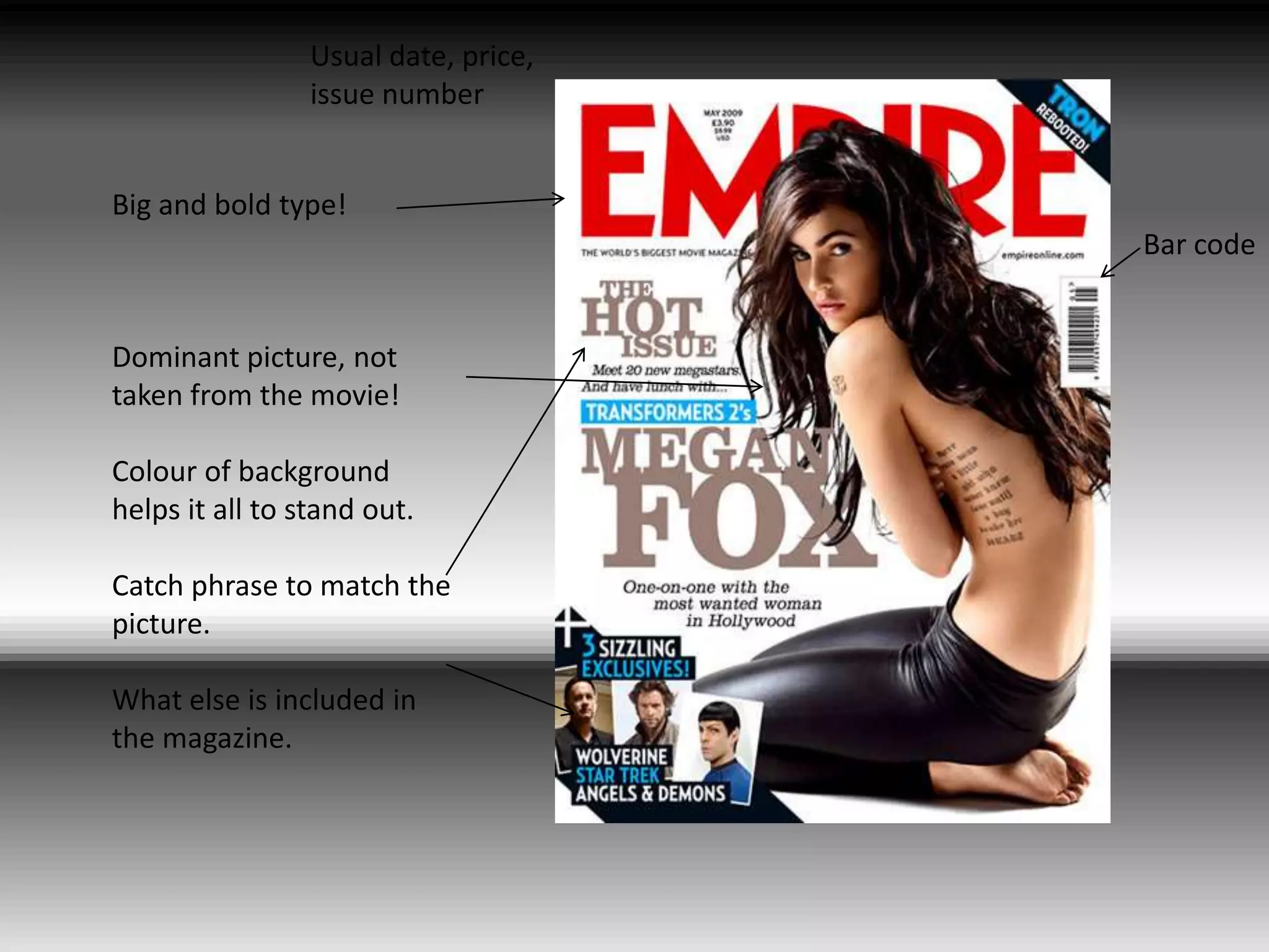 Usual date, price, issue numberBig and bold type!Dominant picture, not taken from the movie!Colour of background helps it all to stand out.Catch phrase to match the picture.What else is included in the magazine.Bar code