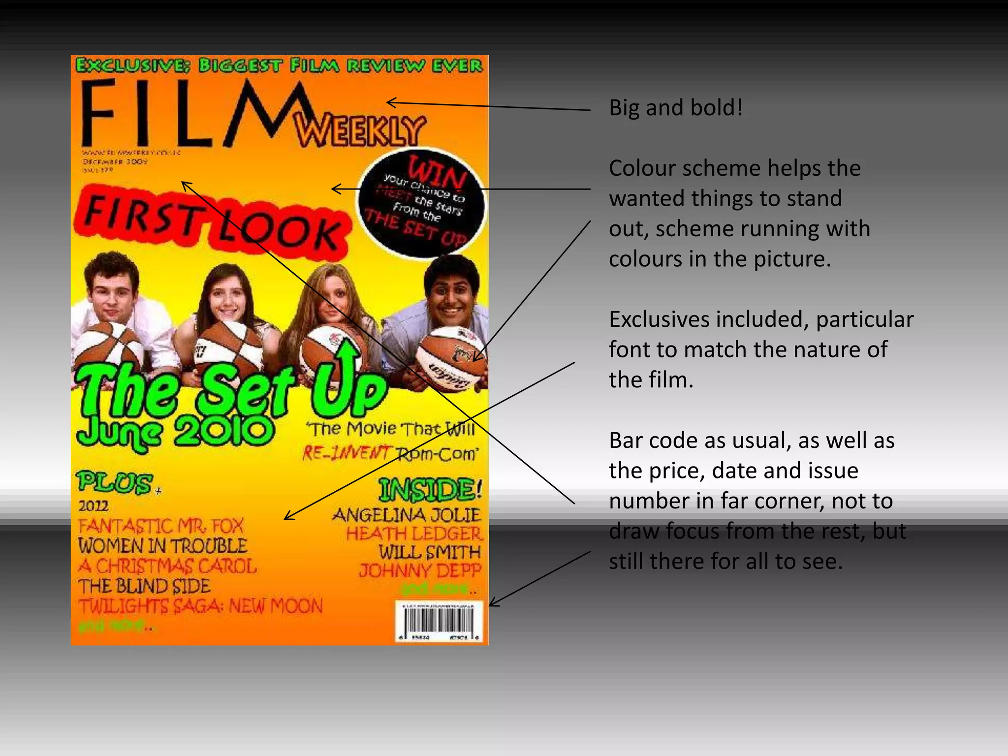 Big and bold!Colour scheme helps the wanted things to stand out, scheme running with colours in the picture.Exclusives included, particular font to match the nature of the film.Bar code as usual, as well as the price, date and issue number in far corner, not to draw focus from the rest, but still there for all to see.
