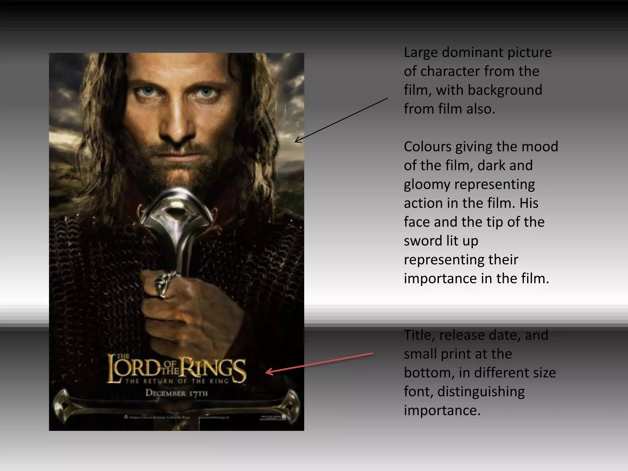Large dominant picture of character from the film, with background from film also.Colours giving the mood of the film, dark and gloomy representing action in the film. His face and the tip of the sword lit up representing their importance in the film.Title, release date, and small print at the bottom, in different size font, distinguishing importance.