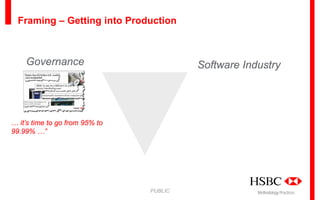 Framing – Getting into Production

Governance

Software Industry

… it’s time to go from 95% to
99.99% …”

PUBLIC

Methodology Practices

 