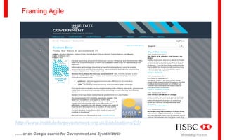 Framing Agile

http://www.instituteforgovernment.org.uk/publications/23/
PUBLIC
……or on Google search for Government and System 20
error

Methodology Practices

 