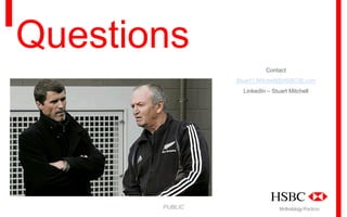 Questions
Contact
Stuart1.Mitchell@HSBCIB.com
LinkedIn – Stuart Mitchell

PUBLIC

Methodology Practices

 